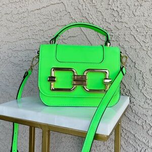 ALDO Bright Neon Green Faux Leather Satchel Bag Crossbody Handbag Gold Hardware